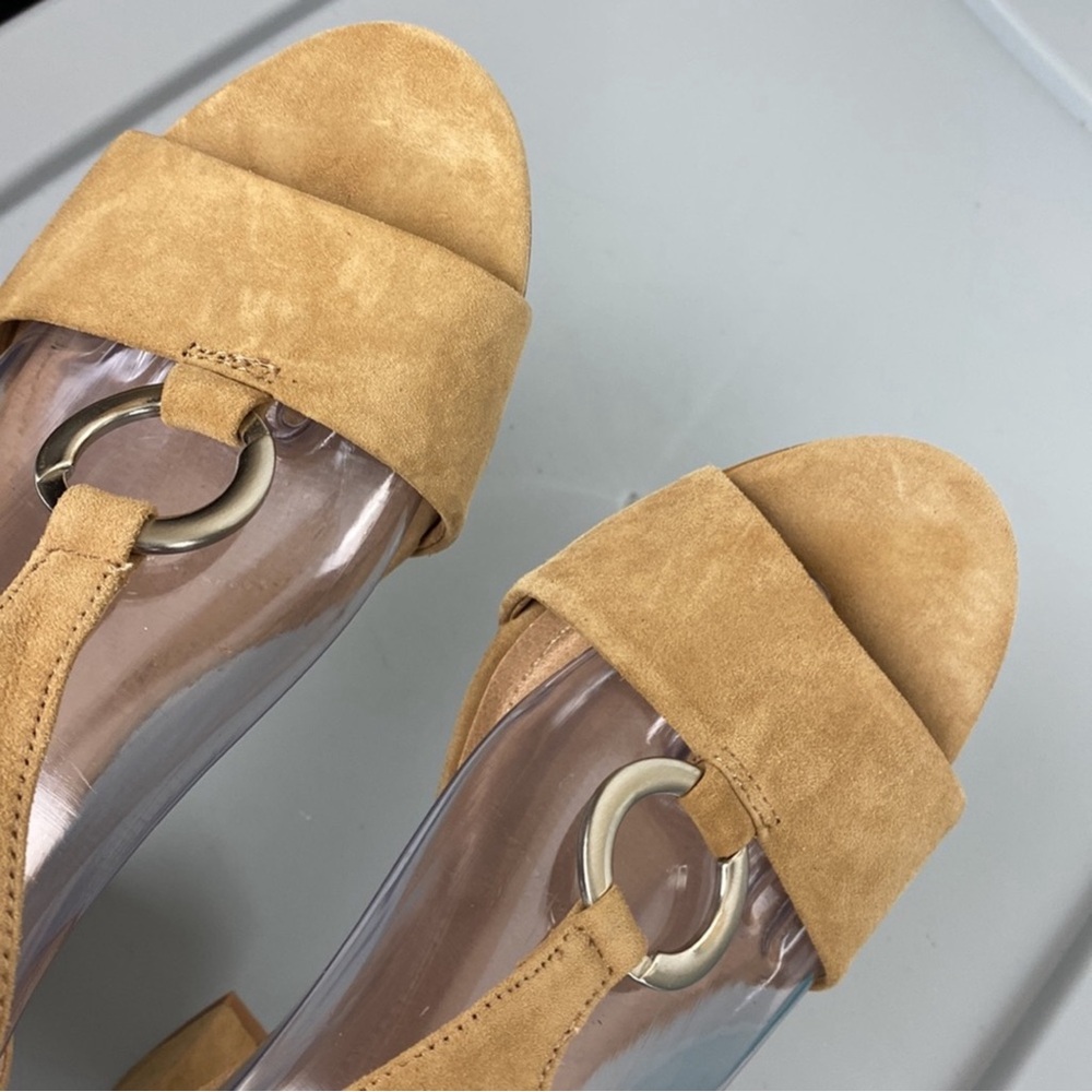 Tahari Norma Sling Back Open Toe T-Strap Tan Suede Leather Heels Womens 10 NWOB - Picture 9 of 15